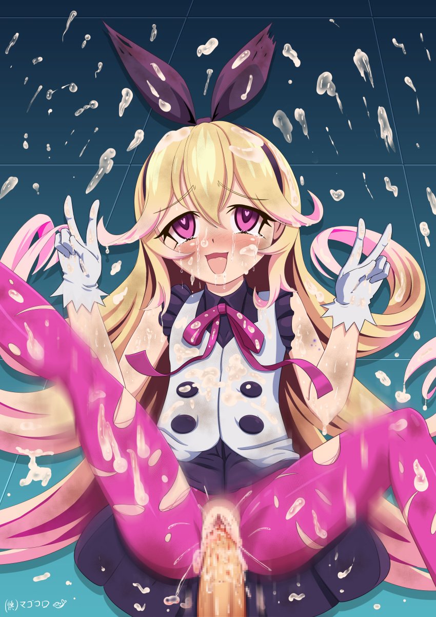 artist_request azure_striker_gunvolt blonde_hair blush clothed_sex cum cum_in_hair cum_in_pussy cum_on_clothes facial female gloves hair_ribbon heart-shaped_pupils long_hair multicolored_hair open_mouth pantera_(gunvolt) pink_eyes skirt torn_clothes v vaginal_penetration