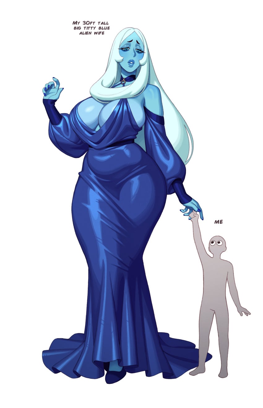 big_ass big_breasts blue_diamond_(steven_universe) cleavage cyan_hair dress giantess larger_female mommy rizdraws size_difference steven_universe