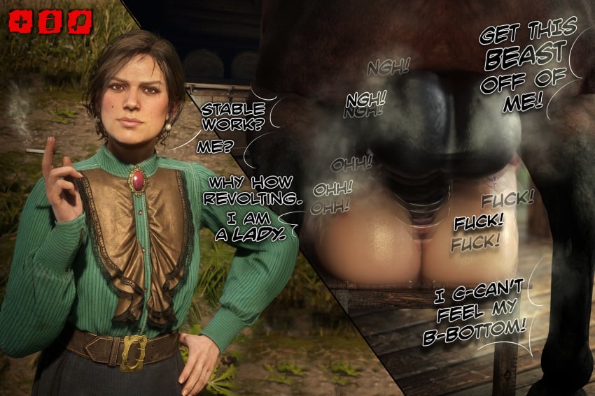 3d 3d_(artwork) anal anal_penetration anal_sex artist_request ass bad_end balls ballsack begging brown_hair brunette bubble_ass bubble_butt cigarette classy dialogue english_text equine equine_penis feral feral_on_female feral_on_human feral_penetrating forced gameplay_mechanics hand_on_hip horse huge_balls human humiliated humiliation impossible_fit instant_loss_2koma interspecies mary_linton mating_press rape raped red_dead_redemption_(series) red_dead_redemption_2 size_difference smug text thrusting thrusting_into_ass video_game_character zoophilia
