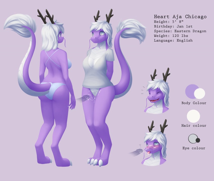 2016 absurd_res anthro ass bikini blush bottomless breasts clothed clothing cum cum_in_pussy cum_inside cum_on_face cum_on_leg cum_on_penis cum_on_tongue disembodied_penis dragon eastern_dragon female hair happy heart_a._chicago hi_res horn male model_sheet navel nude open_mouth penis purple_skin pussy shirt simple_background smile solo streetdragon95 swimsuit text tongue tongue_out whiskers white_eyes white_hair white_skin