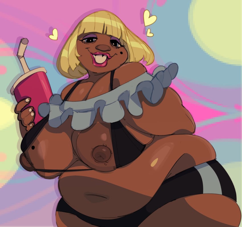 1girls bbw bebe's_kids blonde_hair dark-skinned_female eyeshadow fat fat_woman glands_of_montgomery gnauseating huge_breasts lips mole_under_eye purple_eyeshadow short_hair smile teeth vivian_(bebe's_kids)