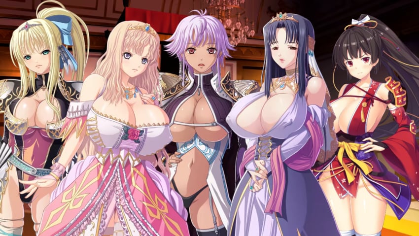 5girls angry angry_face black_hair blonde_hair breasts cleavage clothed_female covered_erect_nipples dark_blue_hair edit edited_image female female_knight female_only game_cg gigantic_breasts gladys_von_walkenheim glare huge_breasts hyper_breasts isis_petrovna_ellenskaia kashima_hikari kyonyuu_fantasy kyonyuu_fantasy_gaiden kyonyuu_fantasy_gaiden_2 large_breasts long_hair luceria_von_diamante married_woman massive_breasts mature_female nipples_visible_through_clothing platinum_blonde_hair purple_hair queen rokusaanu_do_dejiiru sex_open_world_e_youkoso! short_hair surprised surprised_face tiara