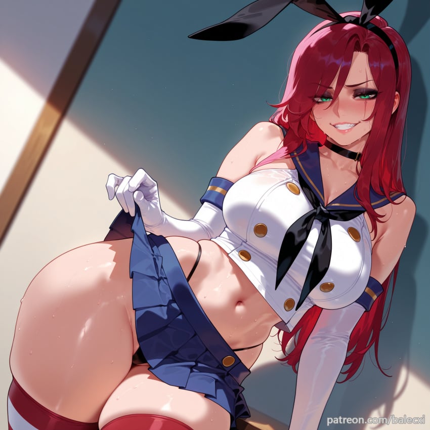 ai_generated balecxi black_choker black_panties blue_skirt blush crop_top elbow_gloves fake_animal_ears female green_eyes highleg highleg_panties katarina_du_couteau large_breasts league_of_legends long_hair looking_at_viewer microskirt navel red_hair sailor_collar scar scar_across_eye shimakaze_(kancolle) shimakaze_(kancolle)_(cosplay) skirt_lift smile solo striped_clothes striped_thighhighs thick_thighs underwear white_gloves