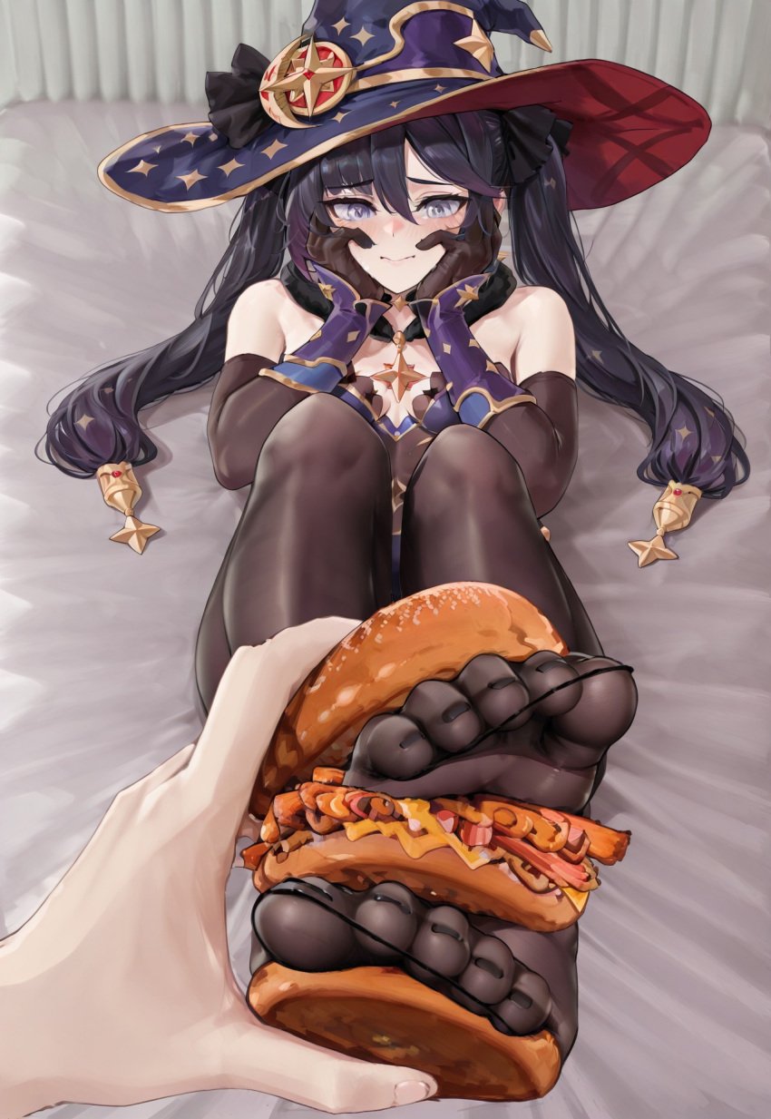 ai_generated bedroom blush burger clothing eating embarrassed feet feet_burger feet_up feetburger foot_fetish foot_focus foot_play genshin_impact hands_on_own_cheeks holding_another's_foot holding_feet holding_food holding_with_feet knees_up legs_together mona_(genshin_impact) pantyhose pov_hands shiny_skin soles solo_focus toes witch_hat