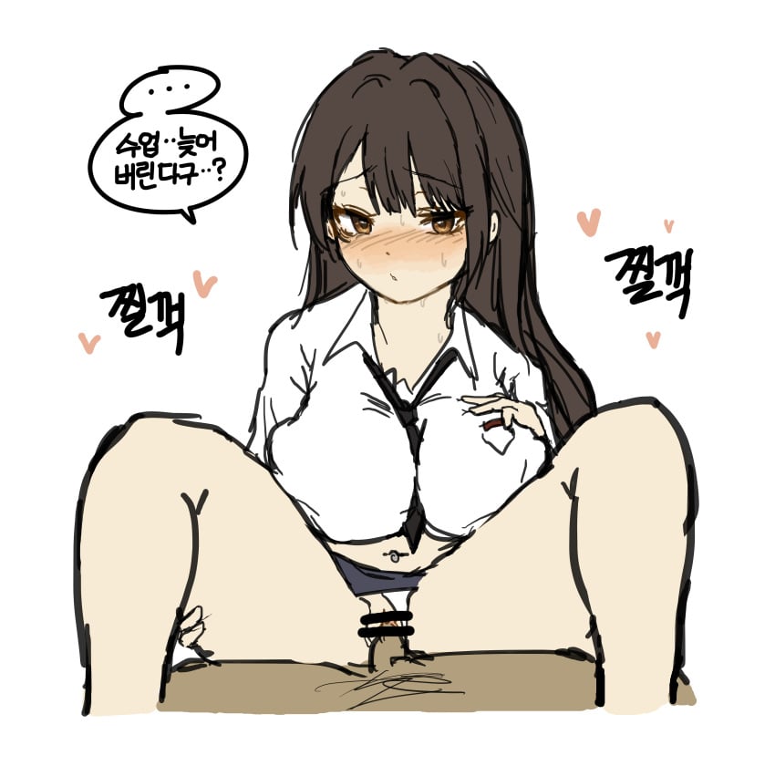 absurdres black_necktie blush breasts brown_eyes brown_hair commentary_request female goddess_of_victory:_nikke highres korean_text large_breasts long_hair marciana_(nikke) marciana_(school_days)_(nikke) midriff myuk_x2 navel navel_piercing necktie official_alternate_costume piercing shirt simple_background skirt translation_request white_background white_shirt