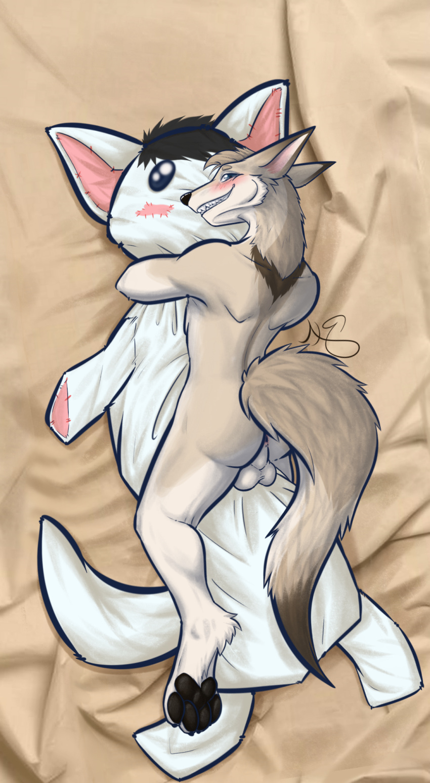 anthro ass balls bed body_pillow canid canine canis dakimakura dakimakura_pillow digital_media_(artwork) fur furniture genitals hi_res looking_at_viewer male mammal nude pillow sex smile solo tail wolf wolfe_decker