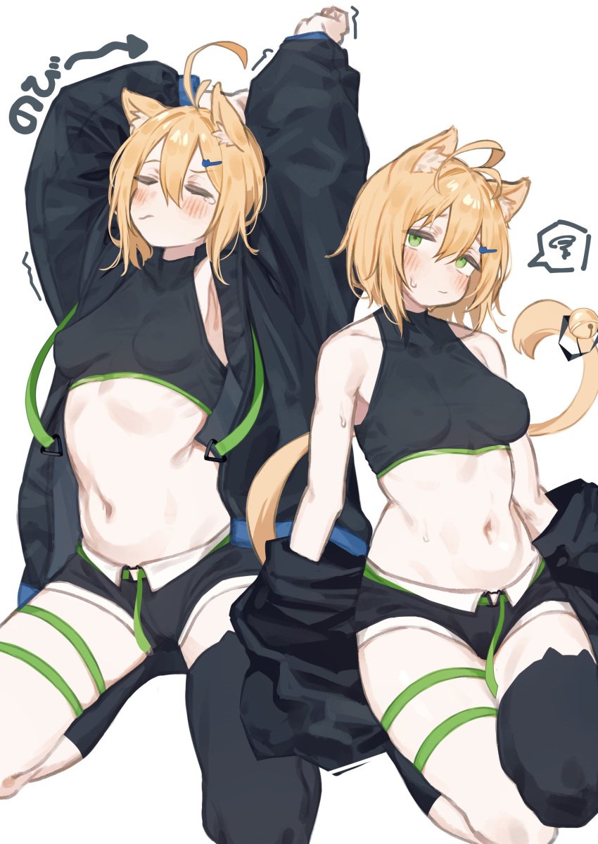 1girls ahoge animal_ear_fluff animal_ears animal_tail antenna_hair arm_above_head arm_up arms_above_head arms_up belly belly_button black_coat black_crop_top black_jacket black_legwear black_shorts black_stockings black_thigh_highs black_thighhighs black_topwear blonde_eyebrows blonde_female blonde_hair blonde_hair blonde_hair_female blush blush_face blush_lines blushed_face blushing_at_viewer blushing_face blushing_female breasts calves cat_ears cat_tail character_request closed_eyes coat collarbone copyright_request crop_top dot_nose fair_skin female female_focus female_only full_body green_eyes green_eyes_female green_happy000 green_thighband hand_above_head hand_up hands_above_head hands_up head_tilt high_resolution highres hourglass_figure jacket knee_socks knees kneesocks lean_body lean_figure legs legwear light-skined_female light-skinned light-skinned_female light_skin light_skin_female light_skinned light_skinned_female looking_at_viewer medium_breasts midriff narrow_waist navel nipples open_coat open_jacket open_topwear overknees parted_bangs short_hair shorts shoulders simple_background sitting slender_body slender_waist slim_girl slim_waist smooth_skin solo squatting squatting_female squatting_position stockings stretching stretching_arms thick_thighs thigh_highs thighband thighhighs thighs thin_waist tilted_head topwear v-line white_background wide_hips yellow_eyebrows yellow_hair yellow_hair_female