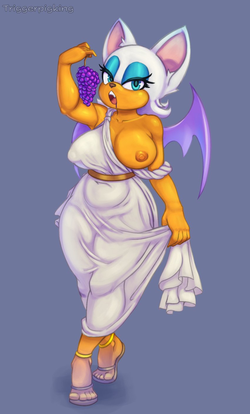 2024 anthro areola bat bat_wings blue_eyes breasts clothed clothing eating eating_food eyeshadow feet female food footwear fruit grape hi_res looking_at_viewer makeup mammal membrane_(anatomy) membranous_wings nipples plant rouge_the_bat sandals sega simple_background solo sonic_(series) sonic_the_hedgehog_(series) standing triggerpigart wings