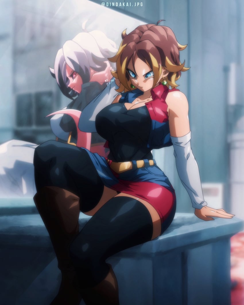 android_21 big_breasts clothed mirror sitting skirt skirt_lift stockings thighs