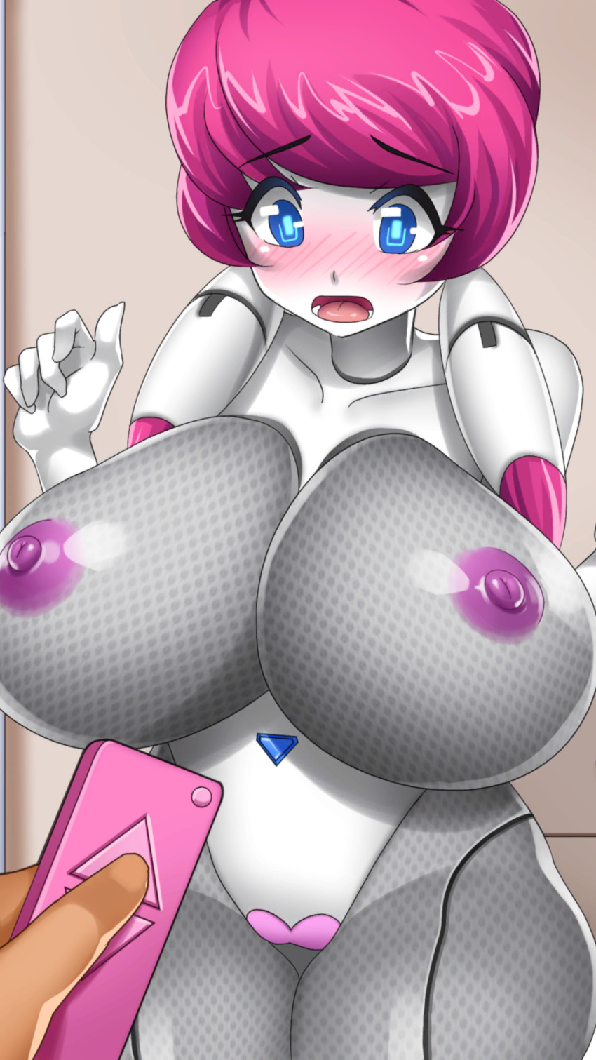 1boy 1girls big_ass big_breasts blue_eyes blush booty_calls breast_expansion c.a.r.a. collarbone huge_breasts machine nipples pink_hair pink_pussy remote_control robot robot_girl thick_thighs white_body wide_hips