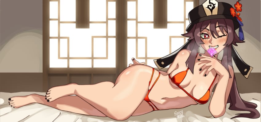 1girls 2025 areola_slip areolae artist_name bikini bikini_bottom bikini_top black_fingernails black_hat black_nail_polish black_nails black_toenails blush breasts brown_hair condom_in_mouth condom_wrapper feet female female_only genshin_impact hat hu_tao_(genshin_impact) long_hair looking_at_viewer lying lying_on_bed lying_on_side navel one_eye_closed orange_bikini orange_bikini_bottom orange_bikini_top painted_nails painted_toenails pale-skinned_female pale_skin plum_blossoms porkpie_hat red_eyes small_breasts smile solo spicyramen_(ramieramen1) steamy_breath stomach talisman thighs wink