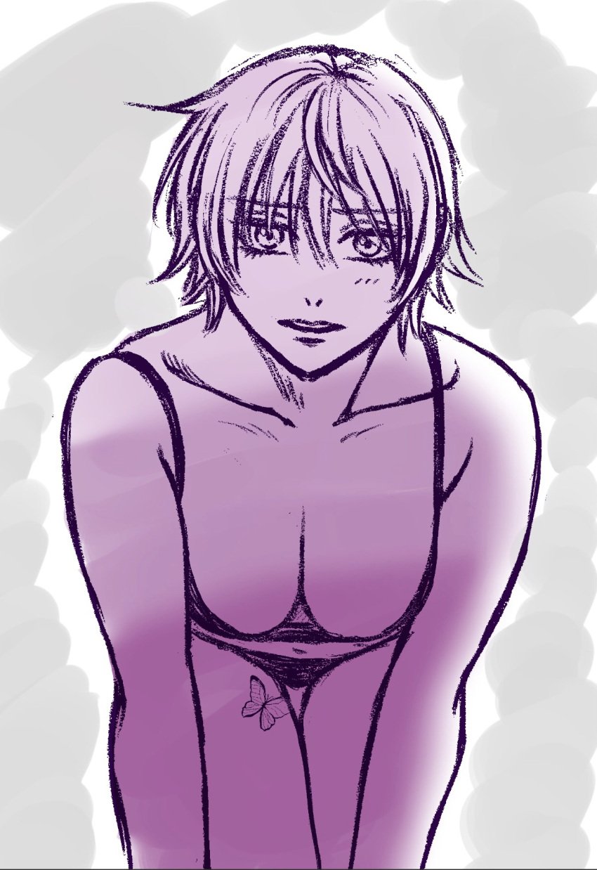 bra butterfly_tattoo canon_genderswap cleavage female female_only genderswap_(mtf) ginko_sakata gintama gintoki_sakata hanging_breasts leaning_forward looking_at_viewer mari2_gt medium_breasts monochrome panties purple_theme rule_63 short_hair solo tattoo underwear