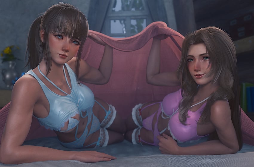 2girls 3d aerith_gainsborough bedroom blanket dead_or_alive female female_only final_fantasy final_fantasy_vii final_fantasy_vii_remake hitomi_(doa) laying_on_bed lingerie looking_at_viewer multiple_girls on_bed ria-neearts smile stockings tagme under_covers