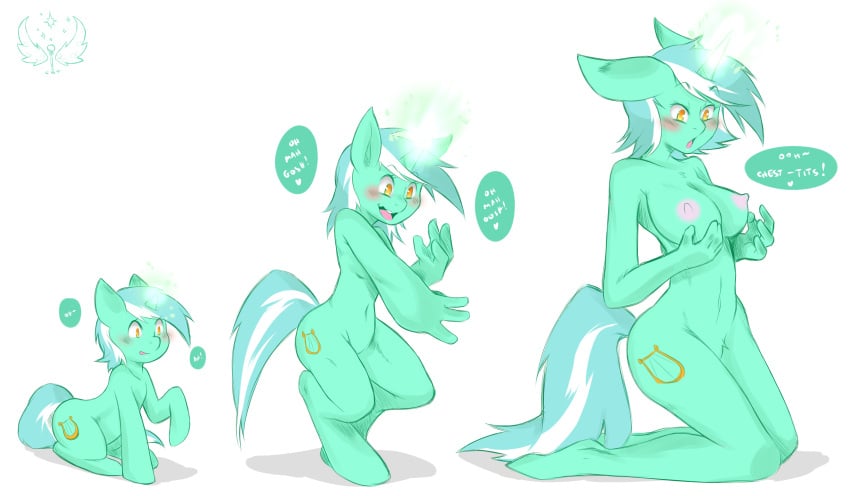 2014 absurd_res amber_eyes anthro anthrofied areola big_breasts biped breasts cold-blooded-twilight dialogue english_text equid equine erect_nipples female feral feral_to_anthro friendship_is_magic fur green_body green_fur hasbro hi_res horn kneeling lyra_heartstrings_(mlp) mammal multicolored_hair my_little_pony mythological_creature mythological_equine mythology navel nipples nude sequence shadow solo speech_bubble text three_frame_image three_frame_sequence transformation transformation_sequence two_tone_hair unicorn