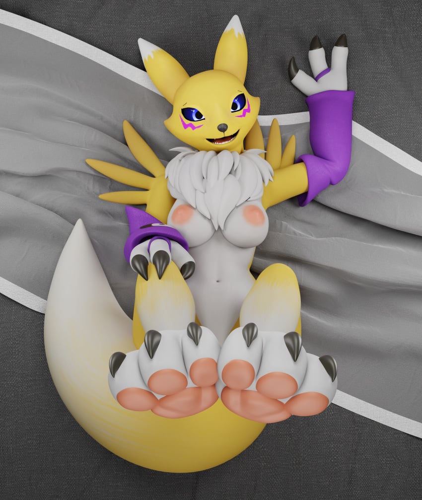 3d_(artwork) absurd_res anthro areola bandai_namco black_nose black_sclera blue_eyes breasts canid canine digimon digimon_(species) digital_media_(artwork) female flapcats fur hi_res looking_at_viewer mammal mostly_nude nipples renamon solo white_body white_fur yellow_body yellow_fur