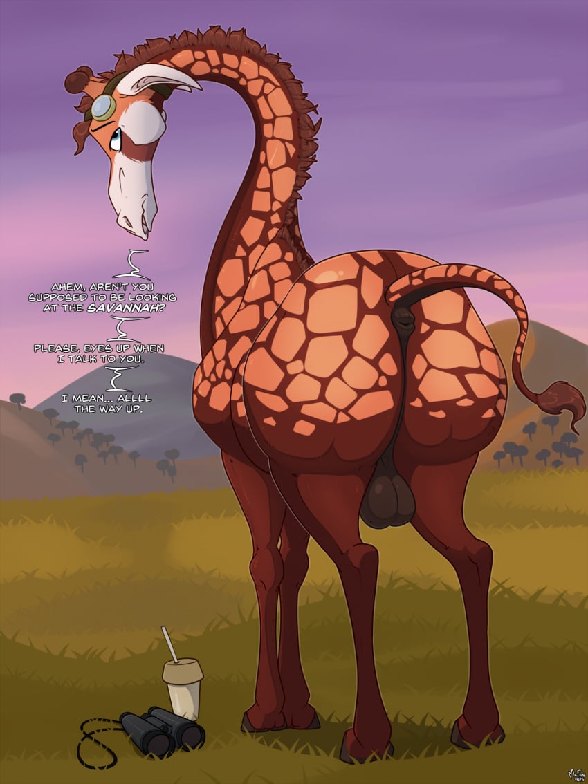 ailus_tochar anus ass backsack balls better_version_at_source big_butt binoculars blue_eyes brown_body brown_fur dialogue english_text eyewear eyewear_on_head feral fur genitals giraffe giraffid goggles goggles_on_head hi_res hooves horn long_neck looking_at_viewer looking_back looking_back_at_viewer male mammal markings mcfan ossicone outside rear_view savanna solo spots spotted_body spotted_fur standing tail tail_tuft talking_feral text thick_thighs tuft