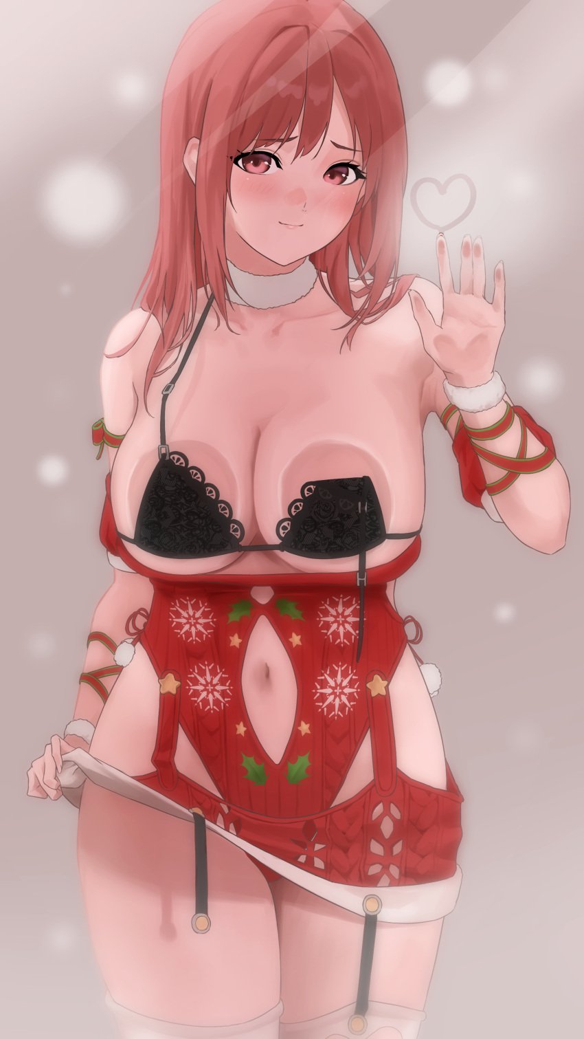 1girls against_glass big_breasts blush breasts christmas christmas_outfit cleavage dead_or_alive dead_or_alive_xtreme_venus_vacation female female_only garter_straps heart hoki1314 honoka_(doa) leotard pink_eyes pink_hair smile solo standing thighhighs