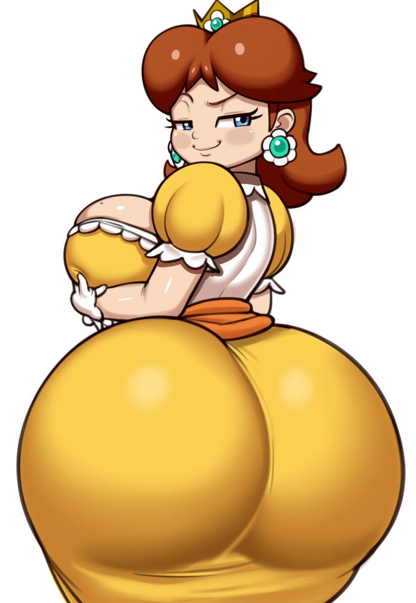 1girls ai_generated big_ass boob_fondling brown_hair clothed crown dress fat_ass female female_only grey_impact_(style) huge_ass human large_ass lubbasdump mario_(series) massive_ass massive_hips nintendo princess princess_daisy royalty super_mario_bros. wide_hips