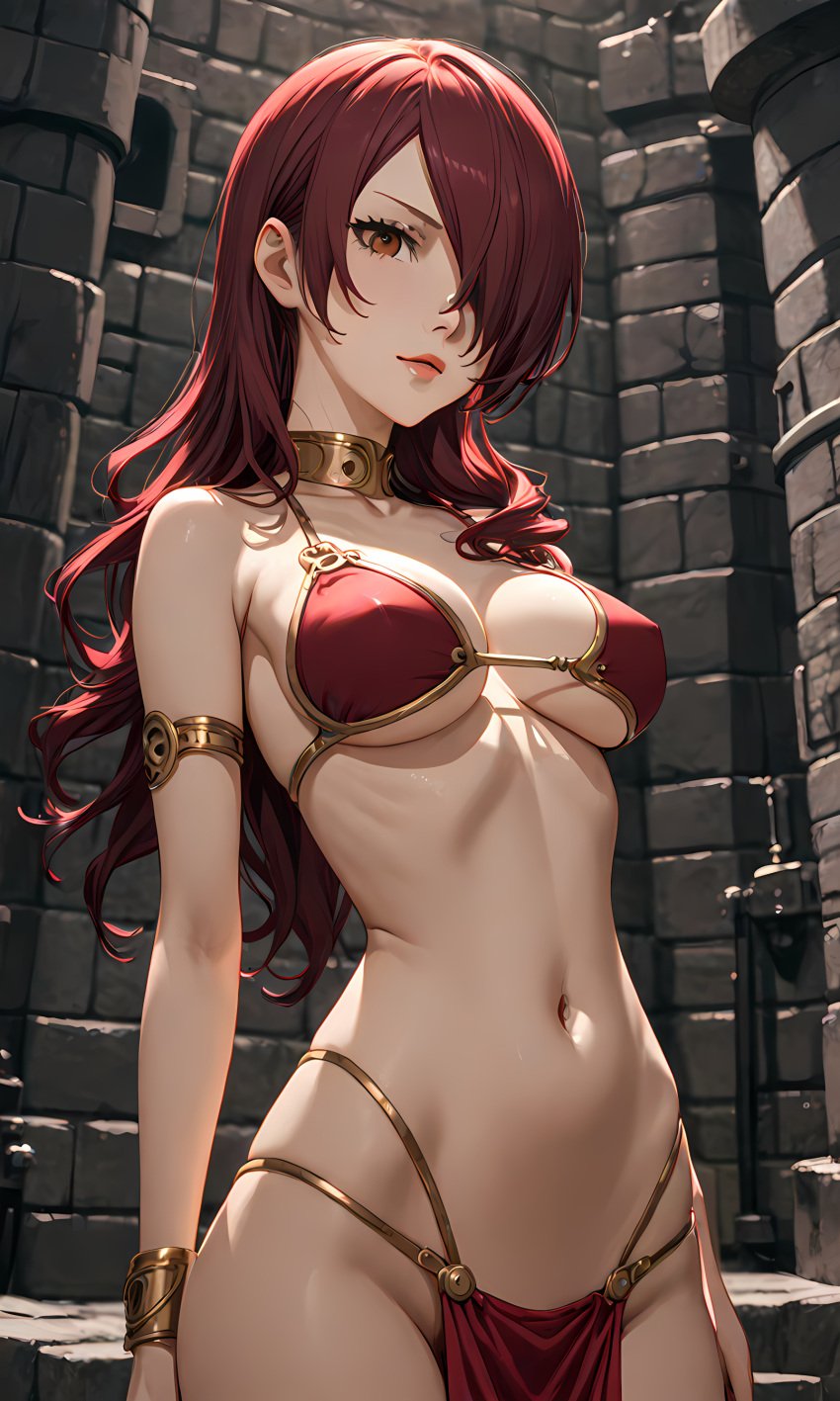 ai_generated armlet bikini cleavage collar dungeon gold_bikini hair_over_one_eye long_hair mitsuru_kirijo persona persona_3 red_eyes red_hair skinny slave_bikini slim_waist