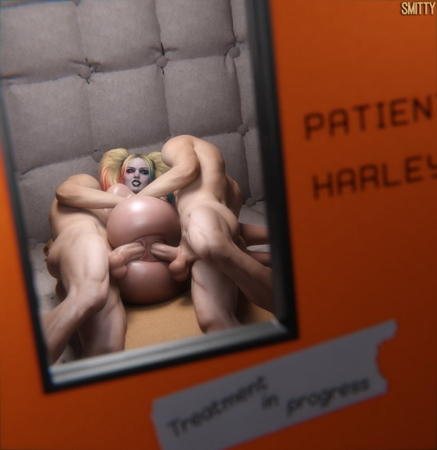 3d anal_sex anus arkham_asylum asylum batman:_arkham_knight batman_(series) big_ass big_breasts big_penis blender blonde_hair dc dc_comics double_penetration harley_quinn harley_quinn_(classic) injustice_2 large_ass large_breasts large_penis looking_at_viewer smitty34 threesome vagina vaginal_sex