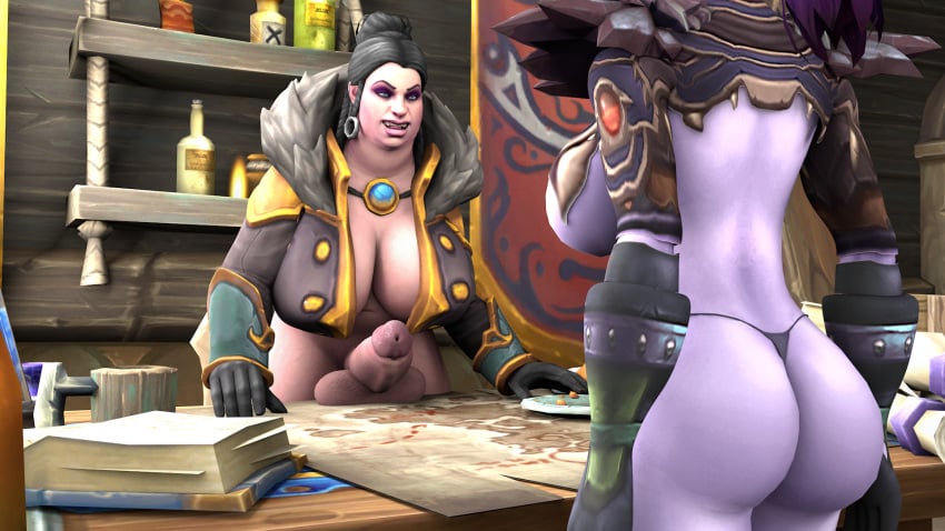 1futa 3d ass_focus big_ass big_breasts big_cock bottomless breasts female futa_focus futanari kul_tiran_human night_elf penis_on_table priscilla_ashvane shandris_feathermoon skimpy_clothes testicles thong warcraft world_of_warcraft