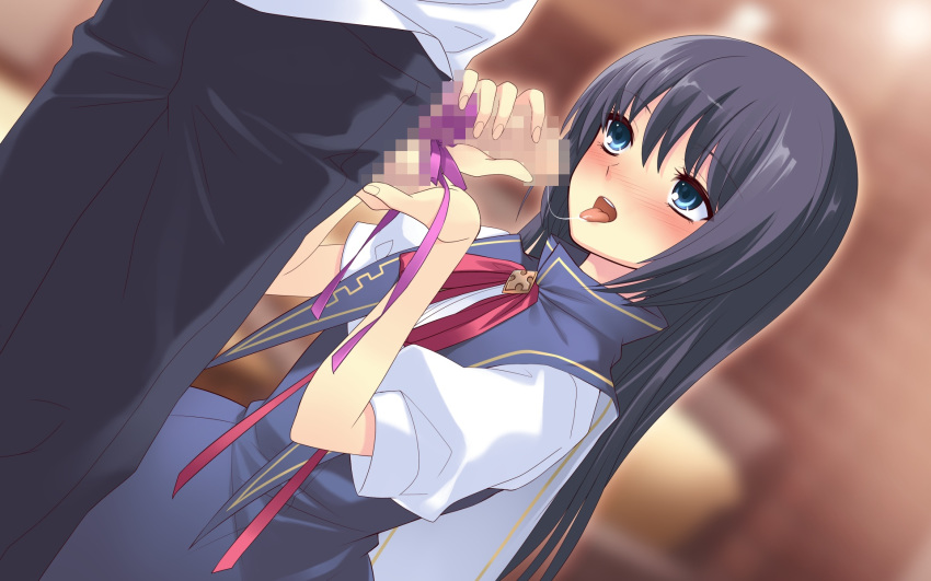 1boy black_hair blue_eyes blush caressing_testicles censored fellatio female flyable_heart full-face_blush game_cg kneeling long_hair mosaic_censoring oral penis ribbon saliva school_uniform shirasagi_mayuri standing straight tongue tongue_out unisonshift