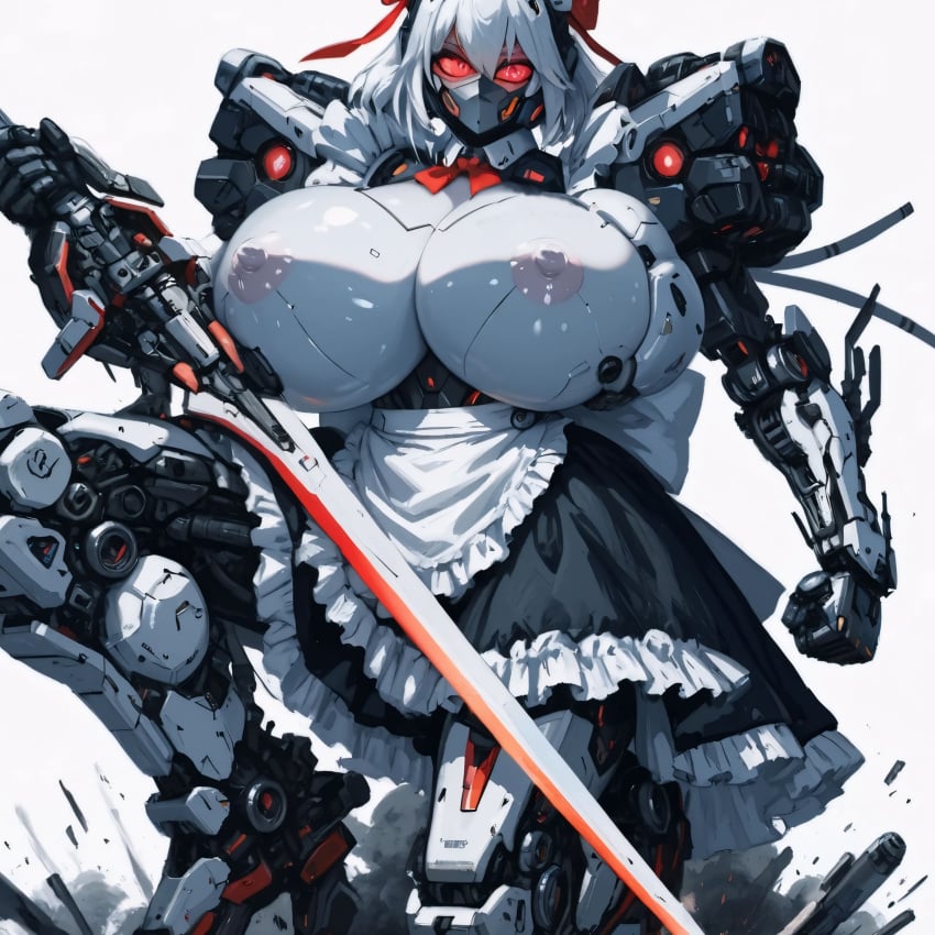 1girl ai_assisted ai_generated big_breasts big_nipples cybernetics cyberpunk futuristic maid mecha robot_girl robot_humanoid robotic robotic_arm robotic_leg sci-fi science_fiction sword tagme weapon