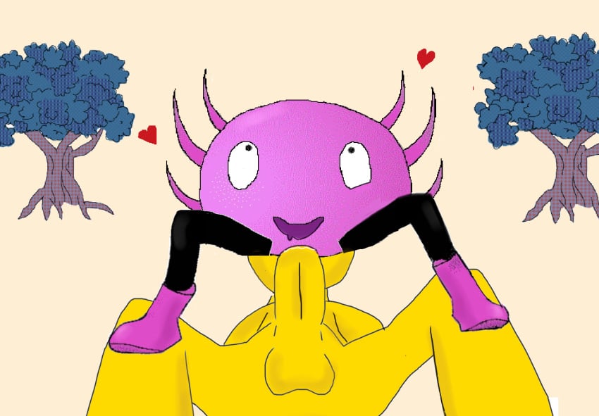 anon aroused axolotl black_legs drooling eyes_rolling_back gills hearts_around_head kinito kinito_the_axolotl kinitopet looking_pleasured magenta_boots non_human open_mouth poorly_drawn poorly_edited smiling tagme tagme_(artist) trees yellow_body