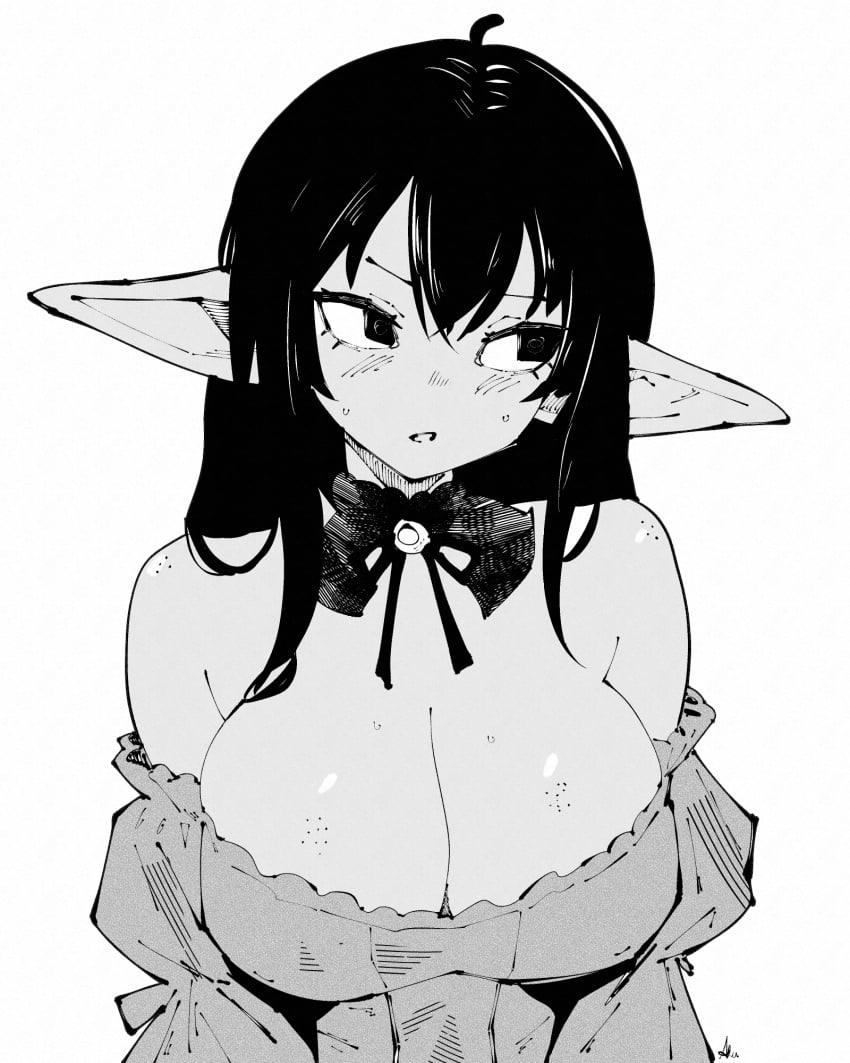 ahoge bare_shoulders black_eyes black_hair blush body_freckles bow breasts choker cleavage dress english_commentary female female_goblin freckles frilled_choker frilled_dress frills goblin greyscale highres large_breasts long_hair looking_to_the_side miregeist monochrome off-shoulder_dress off_shoulder open_mouth original pointy_ears solo upper_body white_background