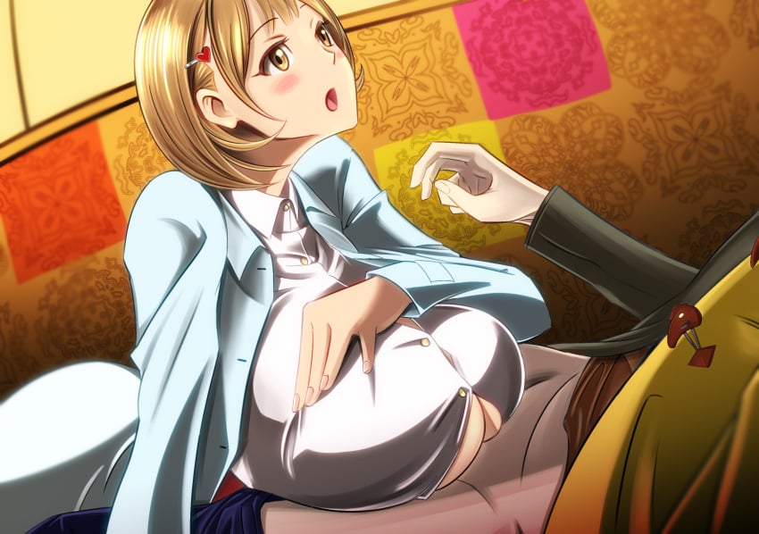 1boy blonde_hair breasts brown_eyes brown_hair bursting_breasts dress female hair_ornament hairclip highres imaani indoors lying narusawa_ryouka no_bra occultic;nine on_stomach open_mouth paizuri paizuri_under_clothes shirt short_hair solo_focus straight underboob