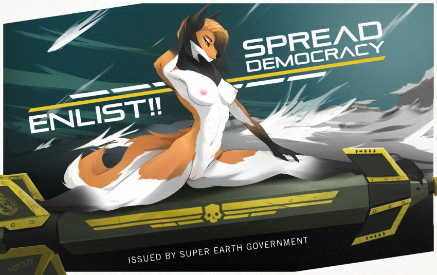 abs anthro brown_eyes canid canine female fur genitals hand_on_head hand_on_leg helldivers hi_res mammal mane maned_wolf missile_launcher missiles multicolored_body multicolored_fur neck_tuft nipples nude nude_anthro nude_female orange_body poster_design pussy solo spread_legs spreading tuft typography