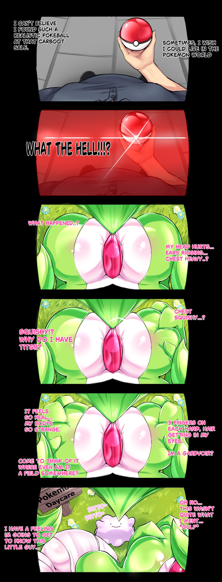 2024 3_fingers absurd_res ambiguous_gender big_breasts bimboaudino breast_squish breasts cleavage clothed clothing comic dialogue ditto_(pokemon) duo english_text female female_pov fingers first_person_view gardevoir gender_transformation generation_1_pokemon generation_3_pokemon grass green_body hi_res human_to_humanoid humanoid male male_pov mtf_transformation multicolored_body nintendo pink_body plant pokeball pokemon pokemon_(species) species_transformation squish text transformation two_tone_body white_body