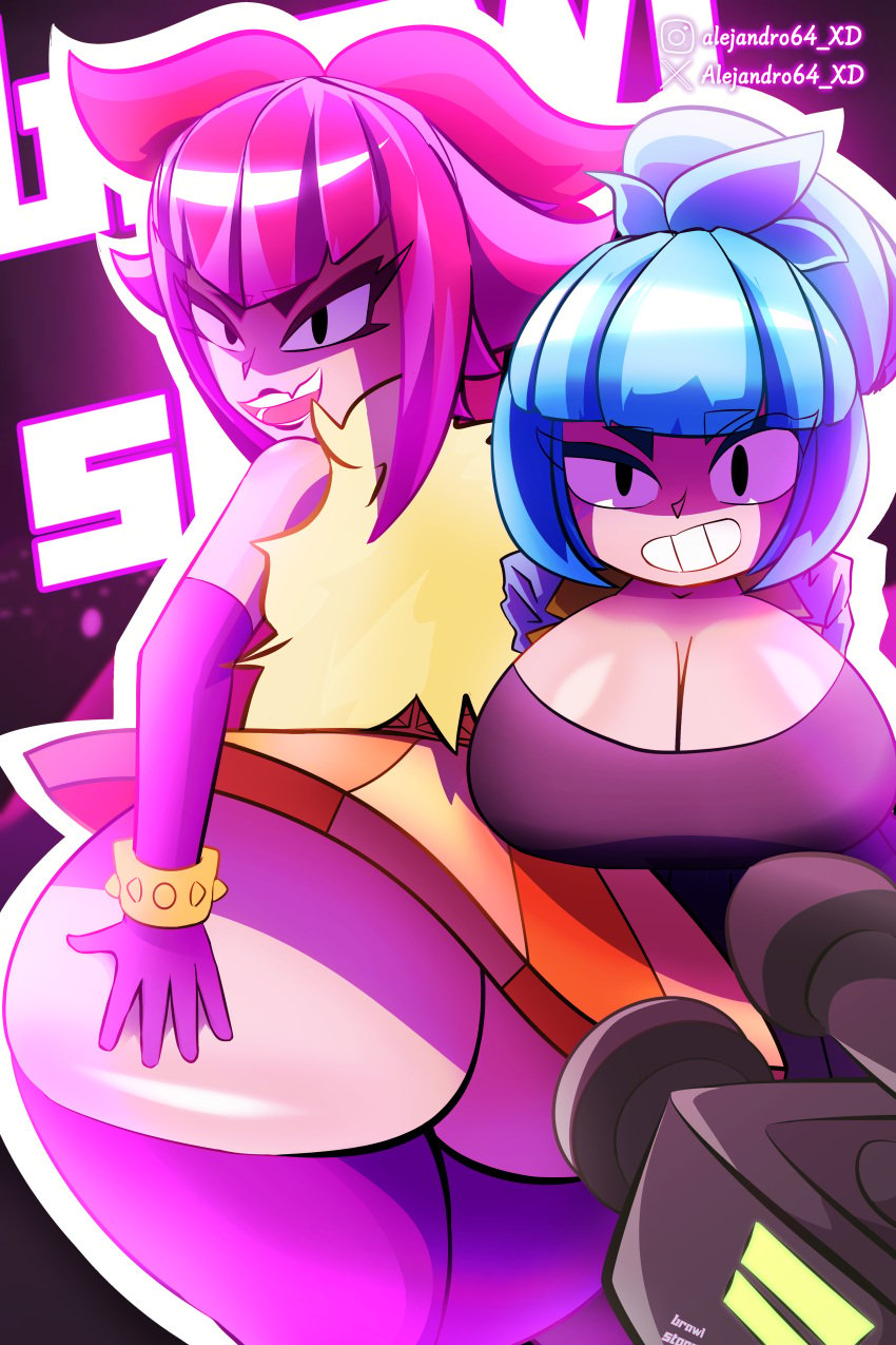 2girls ass ass_bigger_than_head ass_up ass_visible_through_thighs big_ass big_breasts black_eyes brawl_stars breasts fashion female full_color janet_(brawl_stars) melodie melodie_(brawl_stars) melodie_note_(brawl_stars) sunrise