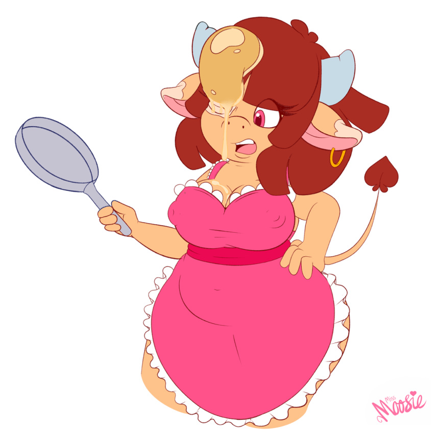 anthro apron belly big_breasts bovine breasts cattle cooking cow_girl erect_nipples fan_character food horns mammal miss_moosie nipples pancake slightly_chubby teacher