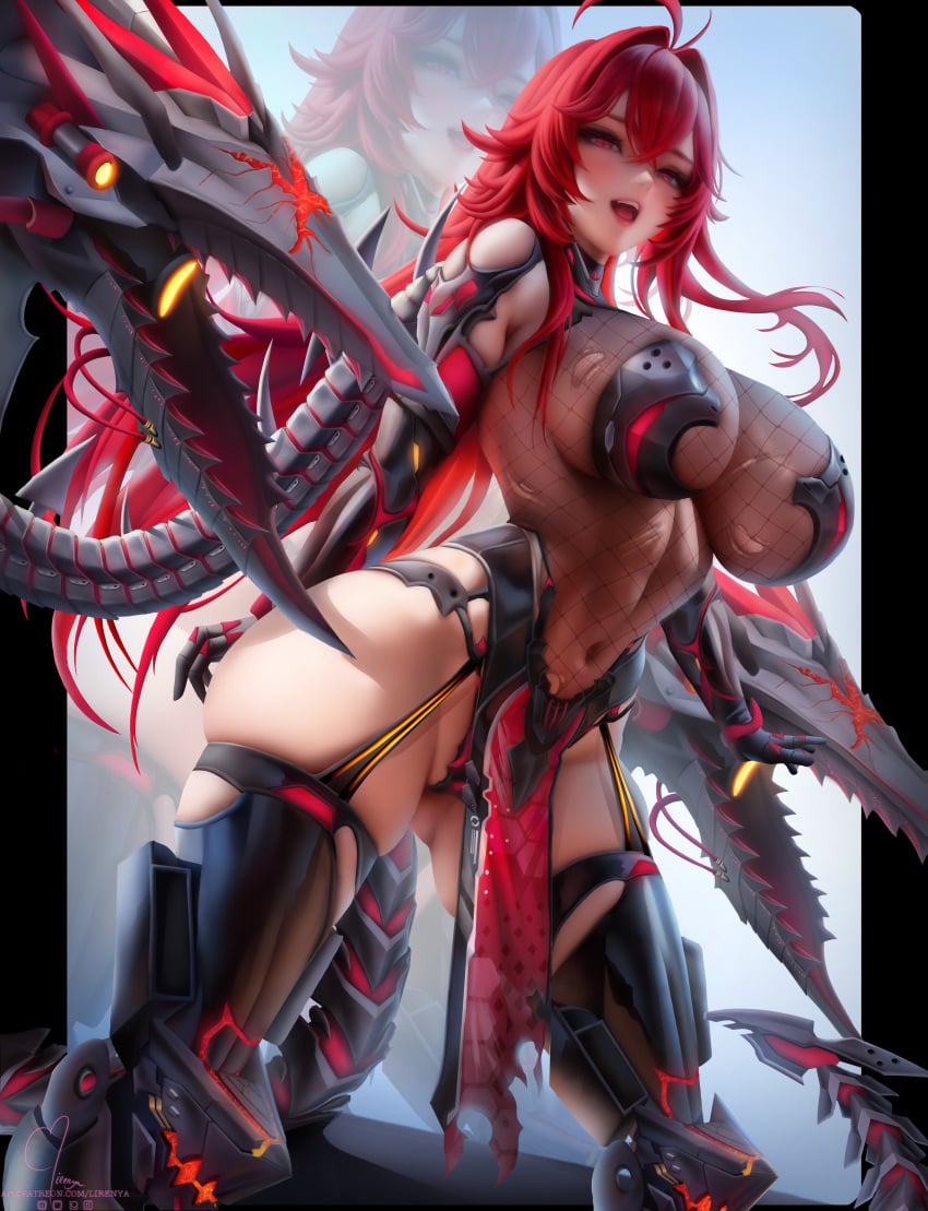 1girls belly_button blush dragon_girl fully_clothed goddess_of_victory:_nikke hi_res highres huge_breasts large_breasts light-skinned_female light_skin lirenya long_hair looking_at_viewer mechanical nihilister_(nikke) no_panties open_mouth red_eyes red_hair simple_background solo solo_female thick_thighs thighs torn_clothes