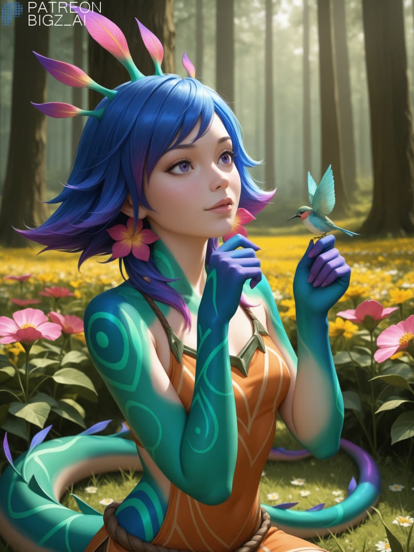 ai_generated artist_name ass bigz_ai bird blue_hair blue_skin bra breasts brown_eyes closed_mouth facial_mark female field flower flower_in_hair green_skin hi_res highres league_of_legends lips monster_girl multicolored_body neeko outdoors panties patreon_username riot_games sitting smile solo solo_female tail thighs tree vastaya