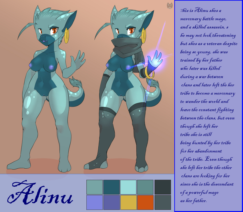 alinu_(roadiesky) breasts dialogue dragon ear_piercing female magic model_sheet nude piercing roadiesky scarf solo