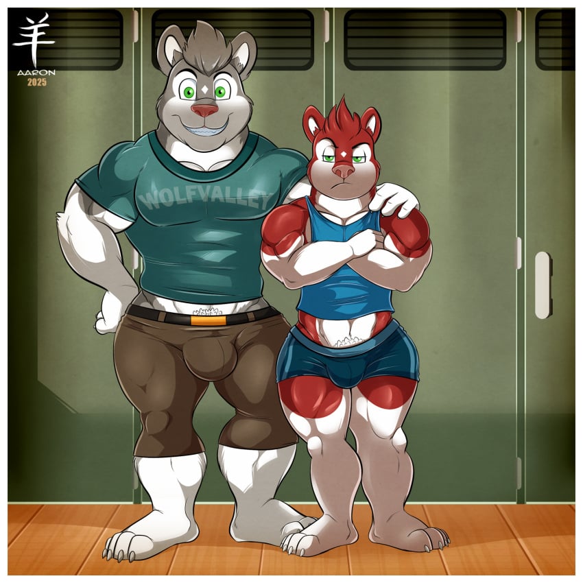 1:1 aaron_(artist) annoyed anthro big_bulge big_muscles border bottomwear brother_(lore) brothers_(lore) bulge canid canine canis claws clothing crossed_arms diamond_(marking) digital_media_(artwork) domestic_dog dray_(aaron) duo english_text fur green_eyes grey_body grey_fur hair hand_on_shoulder hi_res husky locker_room male mammal markings midriff muscular muscular_anthro muscular_male nordic_sled_dog posing_for_picture pubes red_body red_fur russel_(aaron) shirt short_hair shorts sibling_(lore) smile spitz t-shirt tank_top teeth text text_on_clothing text_on_shirt text_on_topwear tight_bottomwear tight_clothing tight_shorts tight_topwear topwear watermark white_body white_border white_fur