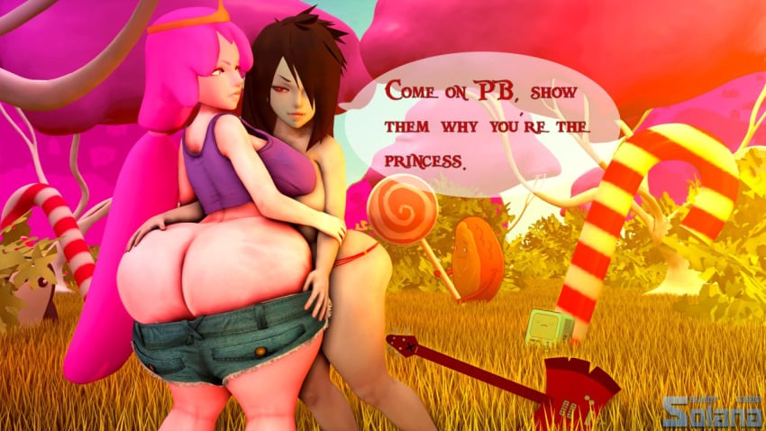 2016 2girls 3d adventure_time ass ass_cleavage ass_grab back bare_shoulders big_ass black_hair bmo breasts butt_crack canon_couple cartoon_network clothes female female_only grass huge_ass huge_breasts long_hair looking_at_viewer looking_back marceline outdoors panties pink_hair princess_bubblegum shirt shorts smile source_filmmaker standing superstreamteam tank_top text thick_thighs undressing vampire what_if_adventure_time_was_a_3d_anime wide_hips yuri