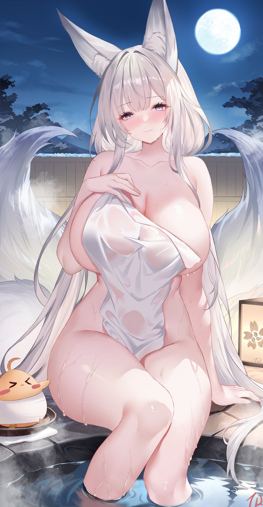 absurdres animal_ear_fluff animal_ears azur_lane blush breasts cleavage closed_mouth collarbone covering_privates curvy female fox_ears fox_girl full_moon highres huge_breasts long_hair looking_at_viewer manjuu_(azur_lane) moon nanoda002_(saber427) night night_sky nude_cover onsen outdoors purple_eyes shinano_(azur_lane) sitting sky soaking_feet solo very_long_hair wet white_hair white_tail wide_hips