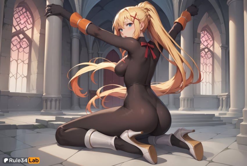 1girls ai_generated arms_up artist_name ass black_bodysuit blonde_hair blue_eyes blush bodysuit boots breasts darkness_(konosuba) from_behind full_body giantess gloves hair_ornament hi_res high_heel_boots high_heels indoors kneeling kono_subarashii_sekai_ni_shukufuku_wo! large_breasts long_hair looking_at_viewer looking_back medium_breasts ponytail ribbon rule34lab sitting solo stained_glass very_long_hair white_footwear x_hair_ornament