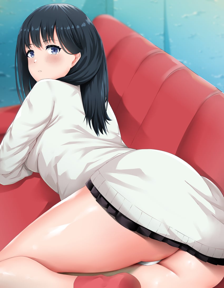 absurdres ass black_hair black_skirt blue_eyes breasts couch female gridman_universe highres long_hair looking_at_viewer looking_back lying medium_breasts panties pleated_skirt red_socks sixthone3 skirt socks solo ssss.gridman sweater takarada_rikka thighs underwear white_panties white_sweater