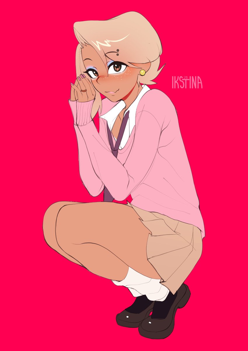 1boy black_eyes blonde_hair blonde_male boy brow_piercing cardigan ear_piercing femboy feminine_male gyaru gyaru-oh ikstina lipstick makeup nails otoko_no_ko painted_nails piercing pinup questionable_consent ring safe school_uniform schoolgirl schoolgirl_uniform shirt shoes skirt sparky sparky_(ikstina) squatting sweater tanned tanned_skin