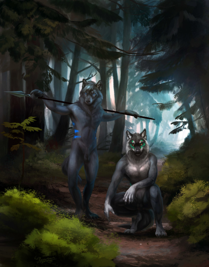 2016 animal_genitalia anthro balls blue_eyes canine crouching duo forest front_view fully_sheathed fur fur_markings grey_fur looking_at_viewer male mammal markings melee_weapon nature navel nude outside pinguinolog polearm sheath standing tree tribal weapon wolf