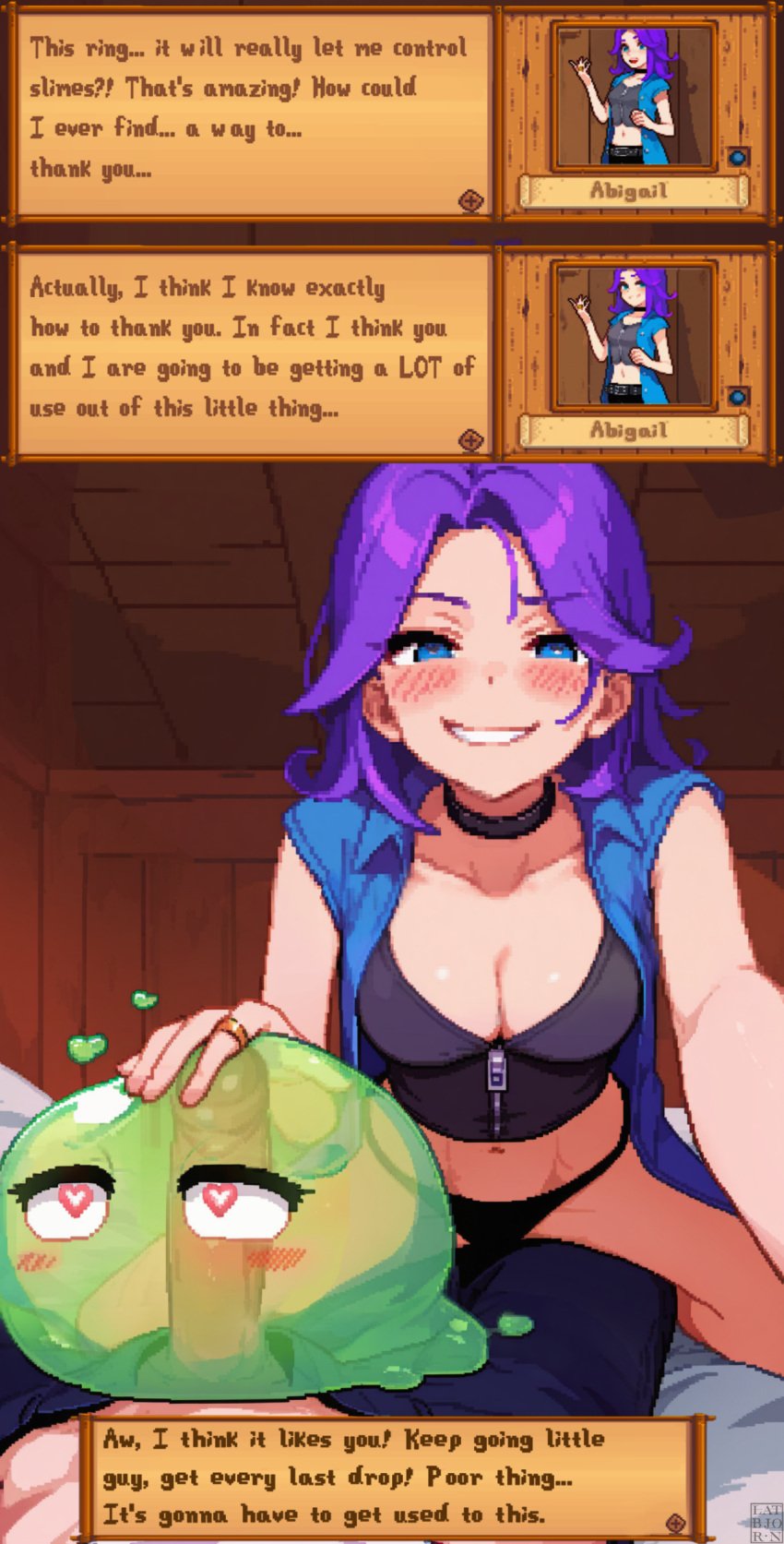 1boy abigail_(stardew_valley) ai_assisted bangs bed black_choker black_clothes black_panties black_underwear blue_eyes blue_jacket blush bra breasts chat_log choker clavicle cleavage clothing crop_top dialogue english_language english_text female grin heart heart-shaped_pupils indoors jacket jewelry large_breasts latbjorn_ai long_hair looking_at_viewer male medium_hair midriff navel open_clothes pov purple_eyes purple_hair ring selfie shiny shiny_hair shiny_skin shirt sitting slime slime_monster smile speech_bubble stardew_valley straight symbol-shaped_pupils teeth text underwear