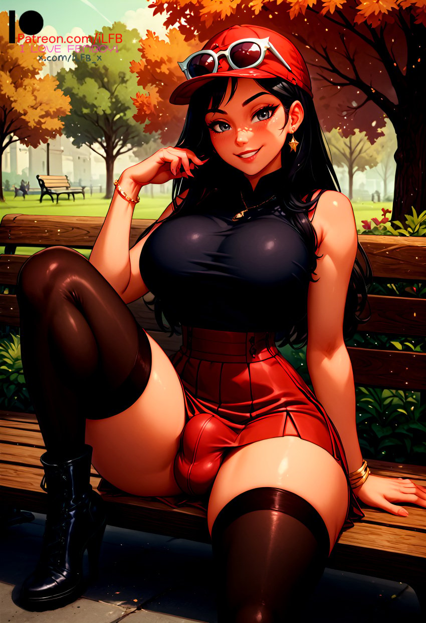 1futa ai_generated big_breasts black_eyes black_hair boots bulge bulge_through_clothing dickgirl ear_piercing earrings futanari glasses glasses_off glasses_on_head hat ilfb large_breasts long_hair looking_at_viewer public skirt skirt_up smile smiling sunglasses sunglasses_on_head