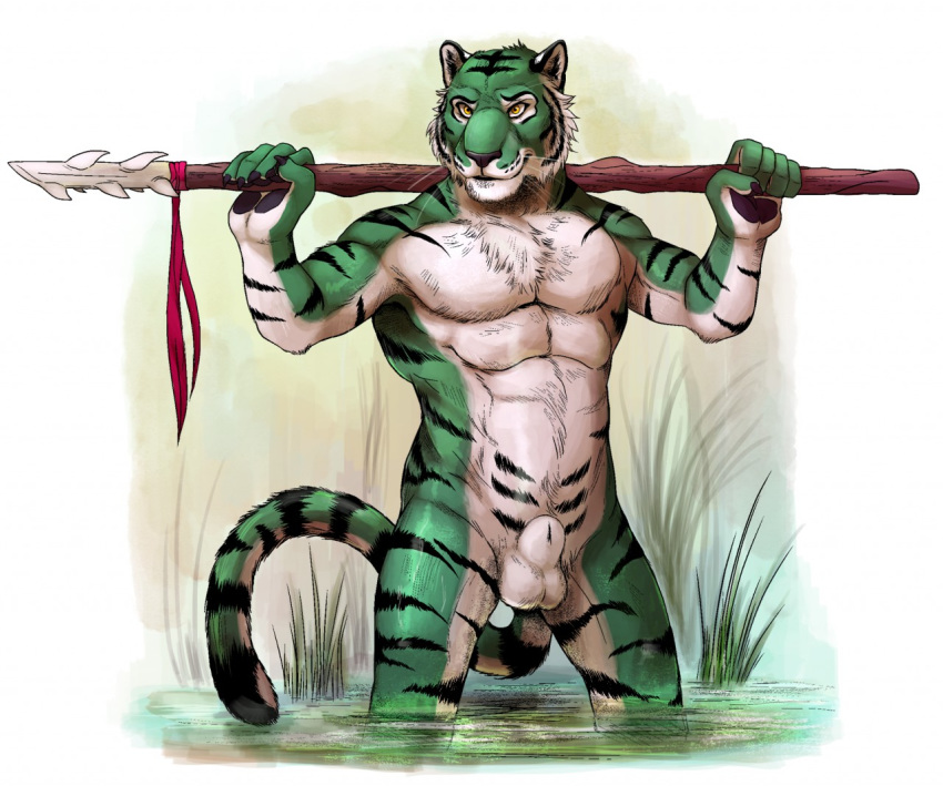 animal_genitalia balls bluechance chest_tuft claws feline flexing fully_sheathed fur green_fur looking_at_viewer male male_only mammal melee_weapon muscular muscular_male nude pecs pinup plasdurock polearm pose sheath simple_background solo spear standing three_tone_fur three_toned_fur tiger tribal tuft water weapon whiskers yellow_eyes