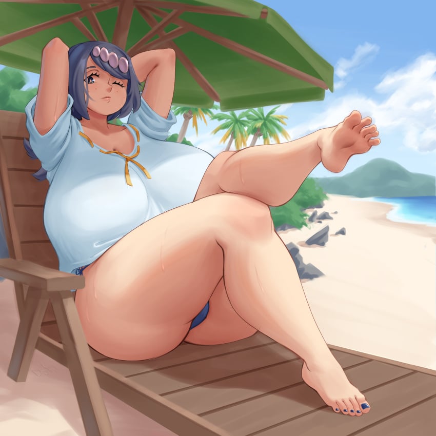 1girls 2025 beach big_breasts blue_hair breasts dotil feet female female_only hi_res highres huge_breasts lana's_mother_(pokemon) large_breasts light-skinned_female light_skin massive_breasts outdoors outside png pokemon pokemon_sm short_hair solo solo_female tagme thick_thighs