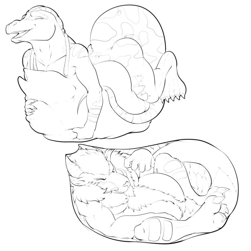 after_vore ambiguous_gender anthro belly big_belly claws cramped duo facial_hair feet fur goatee hi_res horn inside_stomach internal male open_mouth pandottermon reptile scalie smile tail tongue vore