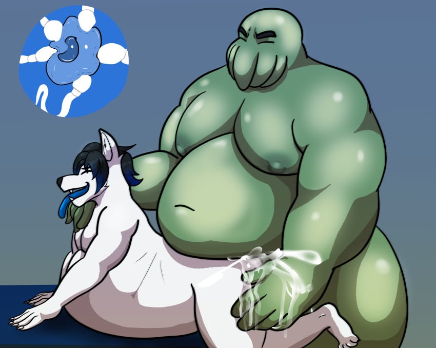 absurd_res anal anal_sex arctic_wolf areola ass belly big_belly big_butt big_dom_small_sub blue_tongue bodily_fluids canid canine canis closed_eyes cum cum_in_ass cum_inside dominant duo ejaculation eldritch_abomination eldritch_being furry genital_fluids green_areola green_body green_skin hi_res impregnation impregnation_kink inflation male male/male male_impregnating_male male_impregnation mammal nipples overweight overweight_male ovum penetration pregnant pregnant_male size_difference slim sperm_cell theshadowulf tongue tongue_out uxio_(weonraro123) weonraro123 wolf